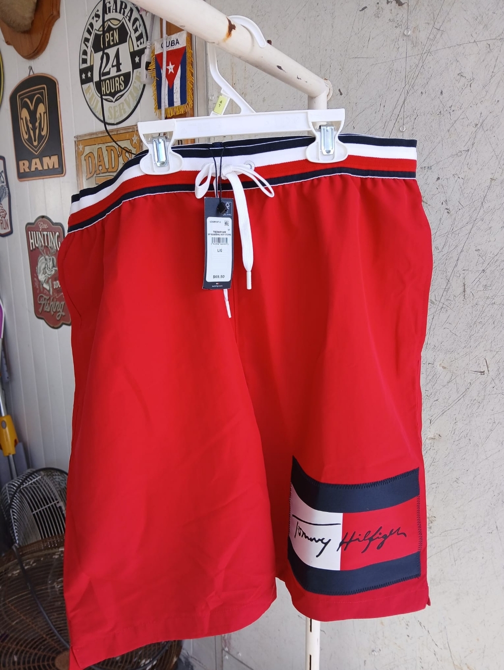 Tommy Hilfiger Red Swim Shorts with Navy Trim and Logo Patch